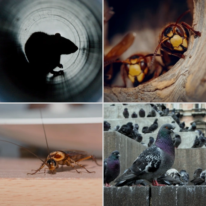 Exemple de nuisibles dont on vous débarrasse : rats, frelons, cafards et pigeons