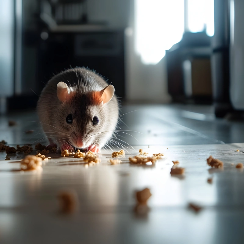 Un rat qui se régale de céréales sur le sol d'une cuisine.