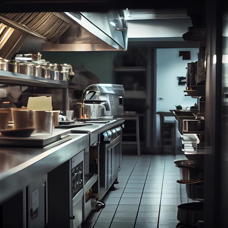 Cuisine d'un restaurant où l'on se doit de respecter la règlementation HACCP.
